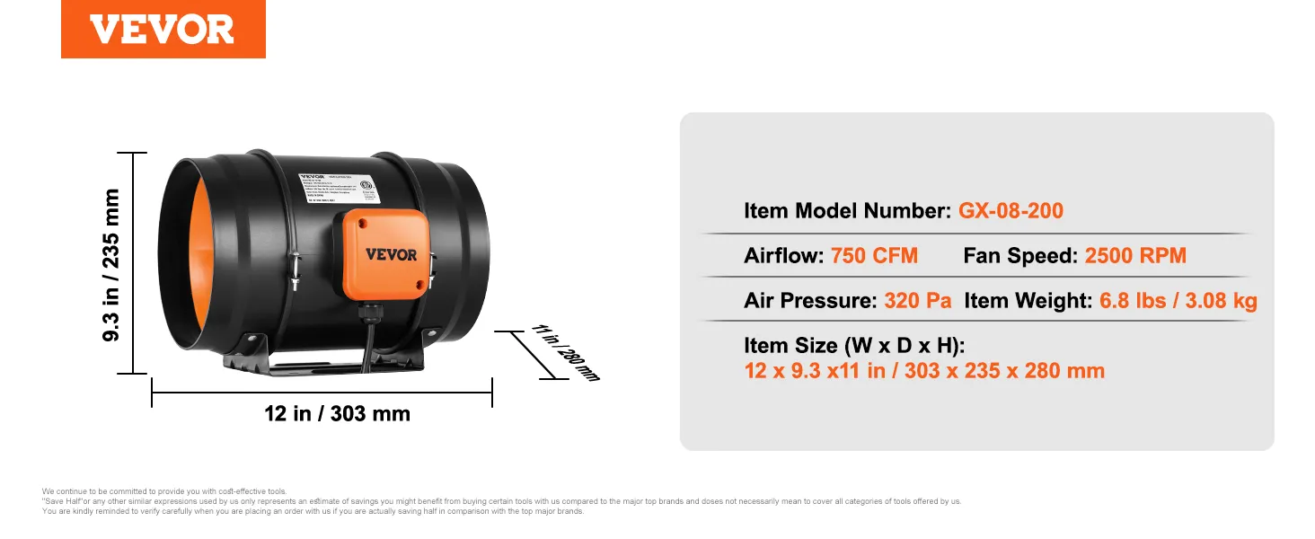 VEVOR inline kanaalventilator gx-08-200, 750 cfm, 2500 tpm, 320 pa, 6,8 lbs, 12 x 9,3 x 11 inch.