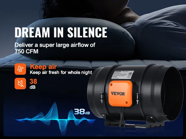 VEVOR inline duct fan, 38 db, delivering 750 cfm airflow for quiet, fresh air all night.