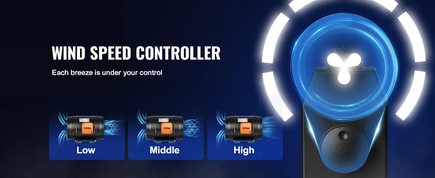 VEVOR inline duct fan wind speed controller with low, middle, and high settings shown on display.