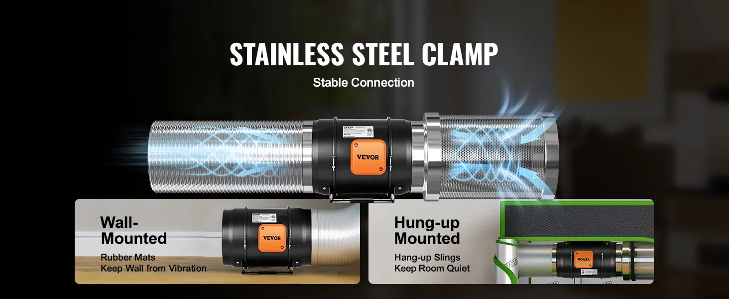 VEVOR inline duct fan with stainless steel clamp, wall-mounted and hung-up options, stable connection.