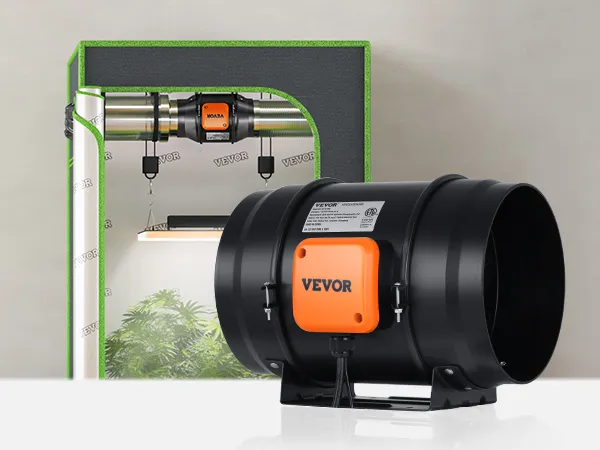 VEVOR inline duct fan in a grow tent setup with led lighting and lush green plants.