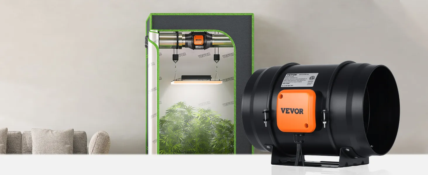 VEVOR inline duct fan in a grow tent setup with led lighting and lush green plants.