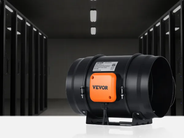 VEVOR inline duct fan in a modern server room with dark racks and blue indicator lights.