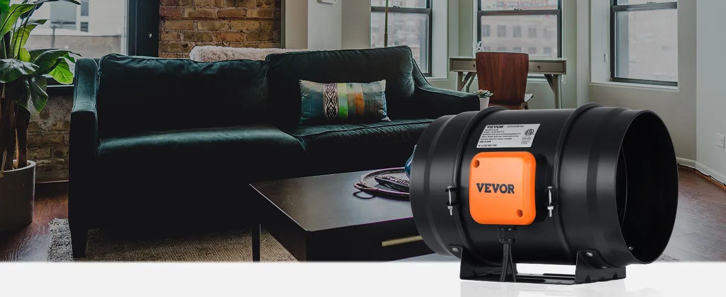 living room with green sofa, coffee table, and VEVOR inline duct fan in foreground.