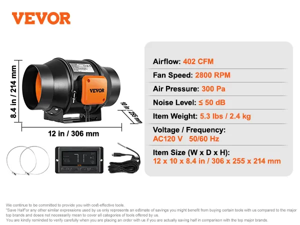 VEVOR inline duct fan model gx-06-150 with 400 cfm airflow and 2600 rpm fan speed.