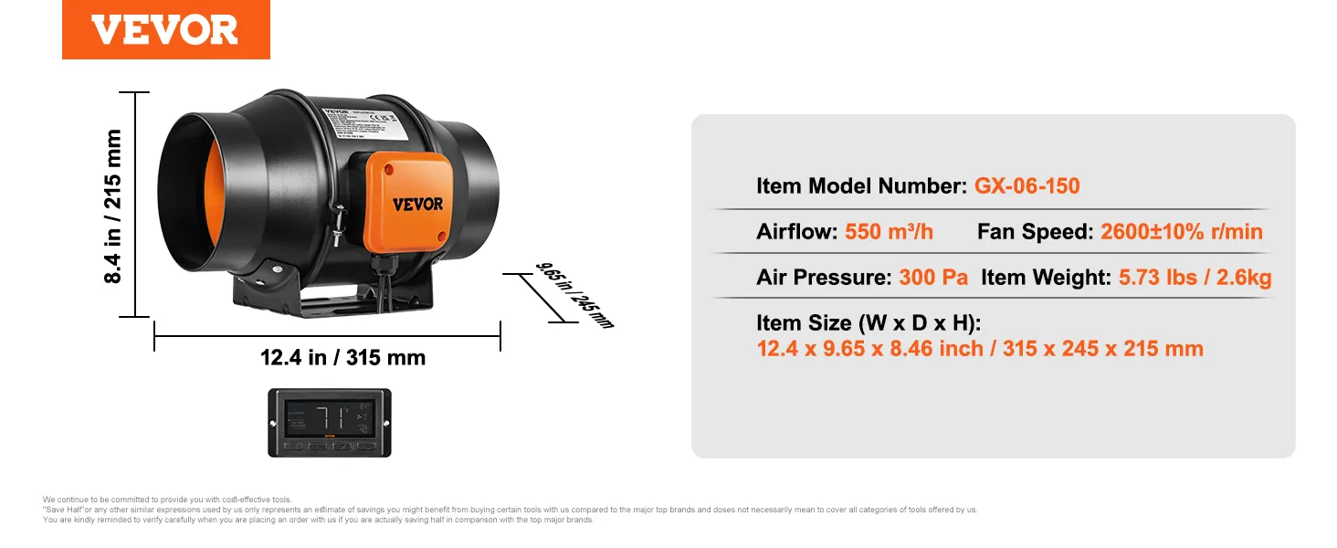 VEVOR inline duct fan model gx-06-150 with 400 cfm airflow and 2600 rpm fan speed.