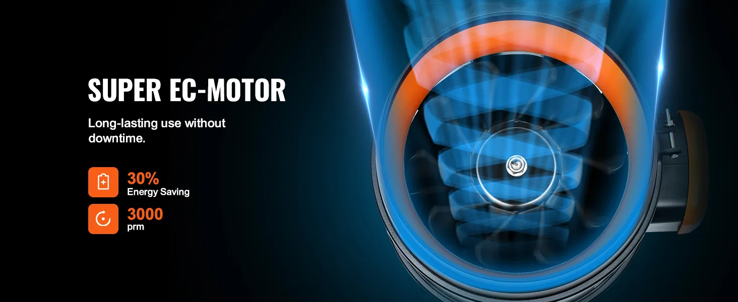 super ec-motor VEVOR inline kanaalventilator, 3000 tpm, 30% energiebesparing, langdurig gebruik zonder uitvaltijd.