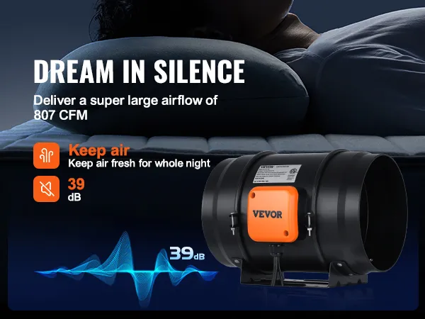 De VEVOR inline-kanaalventilator is stil (39 dB) en heeft een sterke luchtstroom, wat de slaapkwaliteit verbetert.