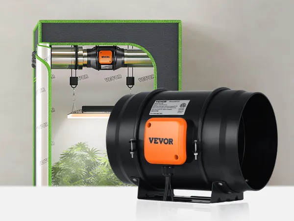 VEVOR inline-kanaalventilator in gebruik met een kweektent en ventilatiesysteem, waarbij de groei van planten wordt weergegeven.