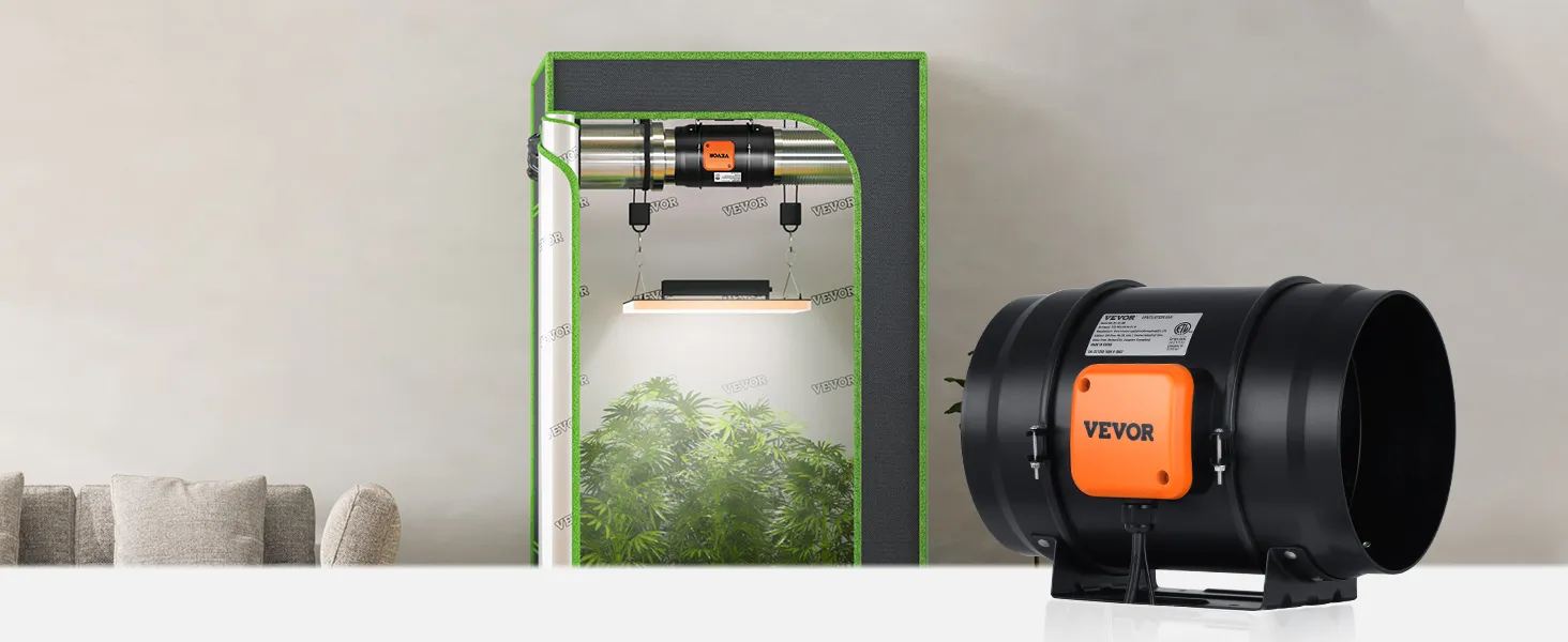 VEVOR inline-kanaalventilator in gebruik met een kweektent en ventilatiesysteem, waarbij de groei van planten wordt weergegeven.