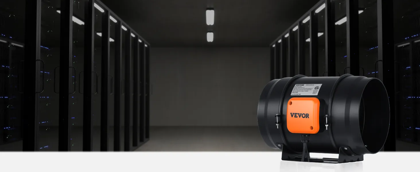 VEVOR inline-kanaalventilator geplaatst in een donkere serverruimte met verlichte serverracks op de achtergrond.