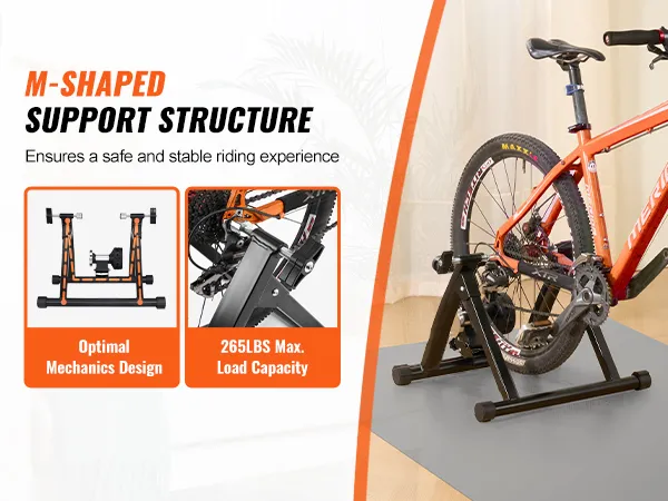 VEVOR bike trainer stand with m-shaped support, ensuring stability and safety, max load 265 lbs.