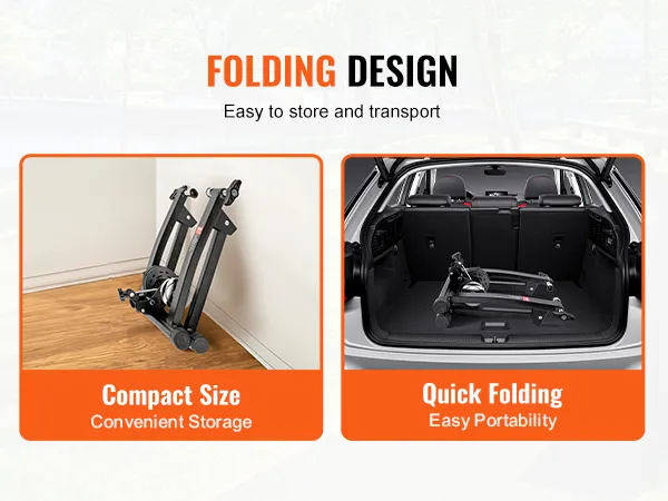VEVOR bike trainer stand folded for storing at home and in a car trunk, highlighting compact size portability.