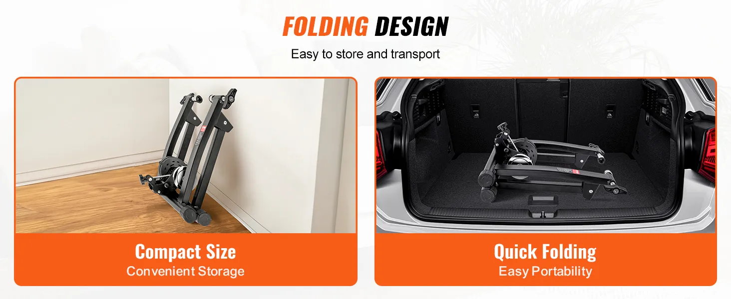 VEVOR bike trainer stand folded for storing at home and in a car trunk, highlighting compact size portability.