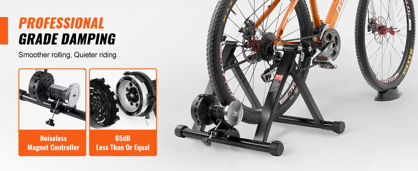 professional-grade damping for VEVOR bike trainer stand featuring noiseless magnet controller and 65db operation.