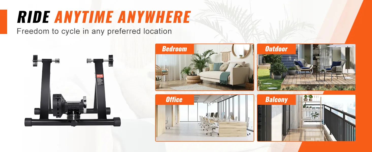 ride anytime with the VEVOR bike trainer stand, shown in bedrooms, offices, outdoors, and balconies.