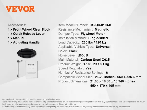 VEVOR bike trainer stand with magnetic resistance, flywheel motor, accessories, and dimensions.