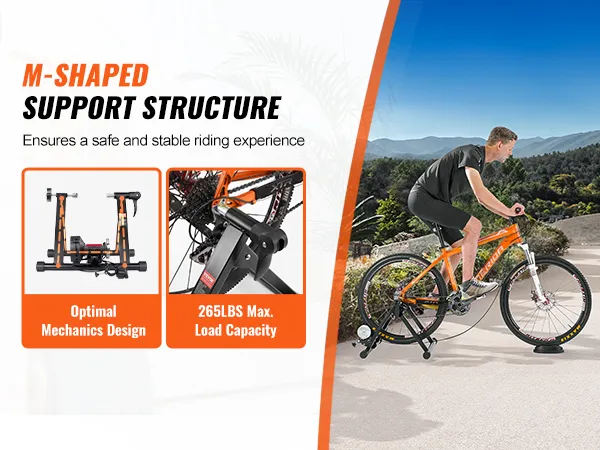 VEVOR bike trainer stand with m-shaped support structure, optimal mechanics design, and 265lbs load capacity.