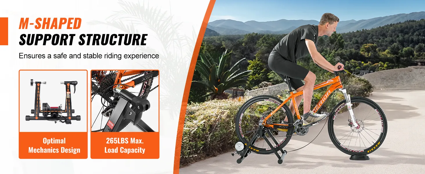 VEVOR bike trainer stand with m-shaped support structure, optimal mechanics design, and 265lbs load capacity.
