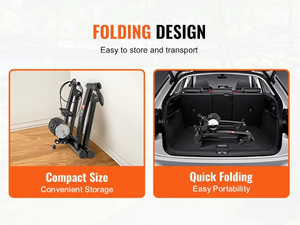VEVOR bike trainer stand with folding design for easy storage and transport, shown in trunk and indoors.