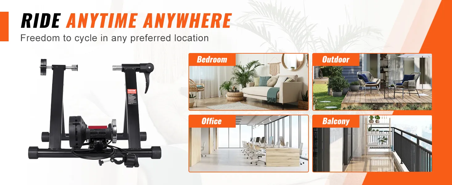 VEVOR bike trainer stand for cycling in bedroom, office, balcony, and outdoor settings. ride anytime.