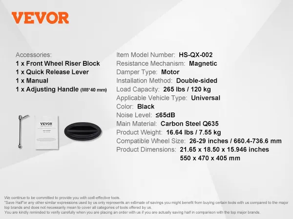 VEVOR bike trainer stand, dimensions 21.65 x 18.50 x 15.946 inches, accessories included, magnetic resistance.