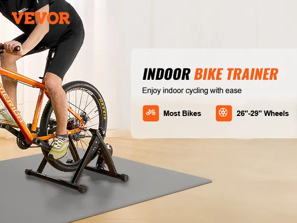 VEVOR bike trainer stand with orange bike, suitable for most bikes, 26"-29" wheels, for indoor cycling.
