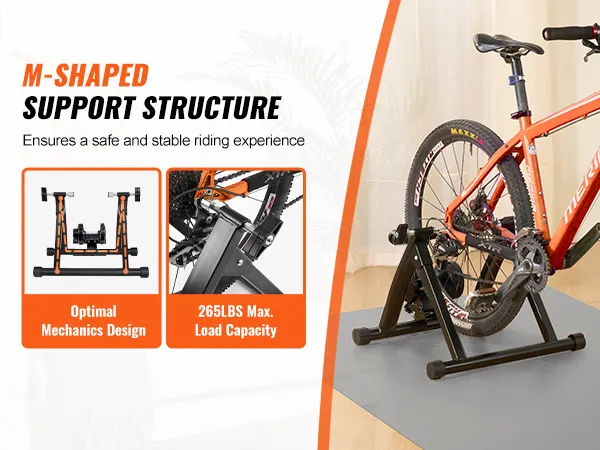 m-shaped VEVOR bike trainer stand with orange bike, 265 lbs load capacity, optimal mechanics design.