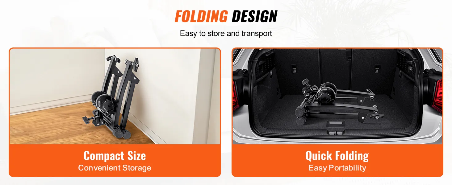 VEVOR bike trainer stand folded for easy storage and transport; compact size and quick folding for portability.