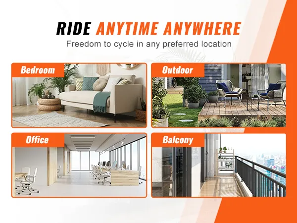 VEVOR bike trainer stand for indoor and outdoor use in bedroom, office, balcony, and outdoor spaces.