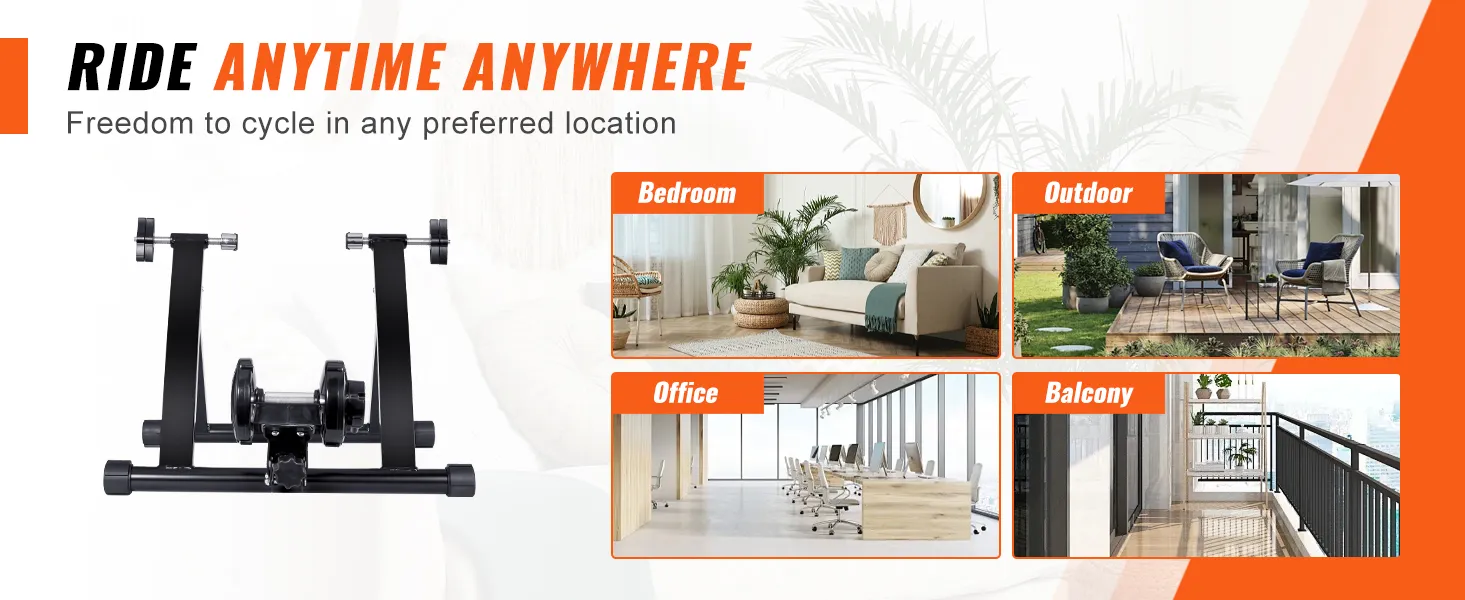 VEVOR bike trainer stand for indoor and outdoor use in bedroom, office, balcony, and outdoor spaces.
