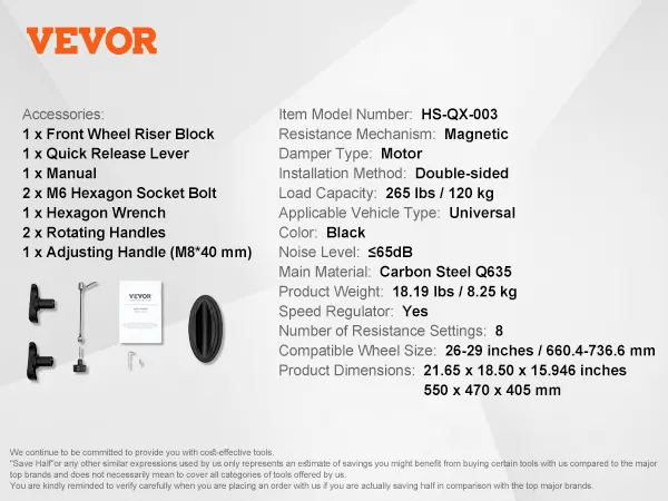 VEVOR bike trainer stand dimensions, accessory list, and key features in black text on white background.