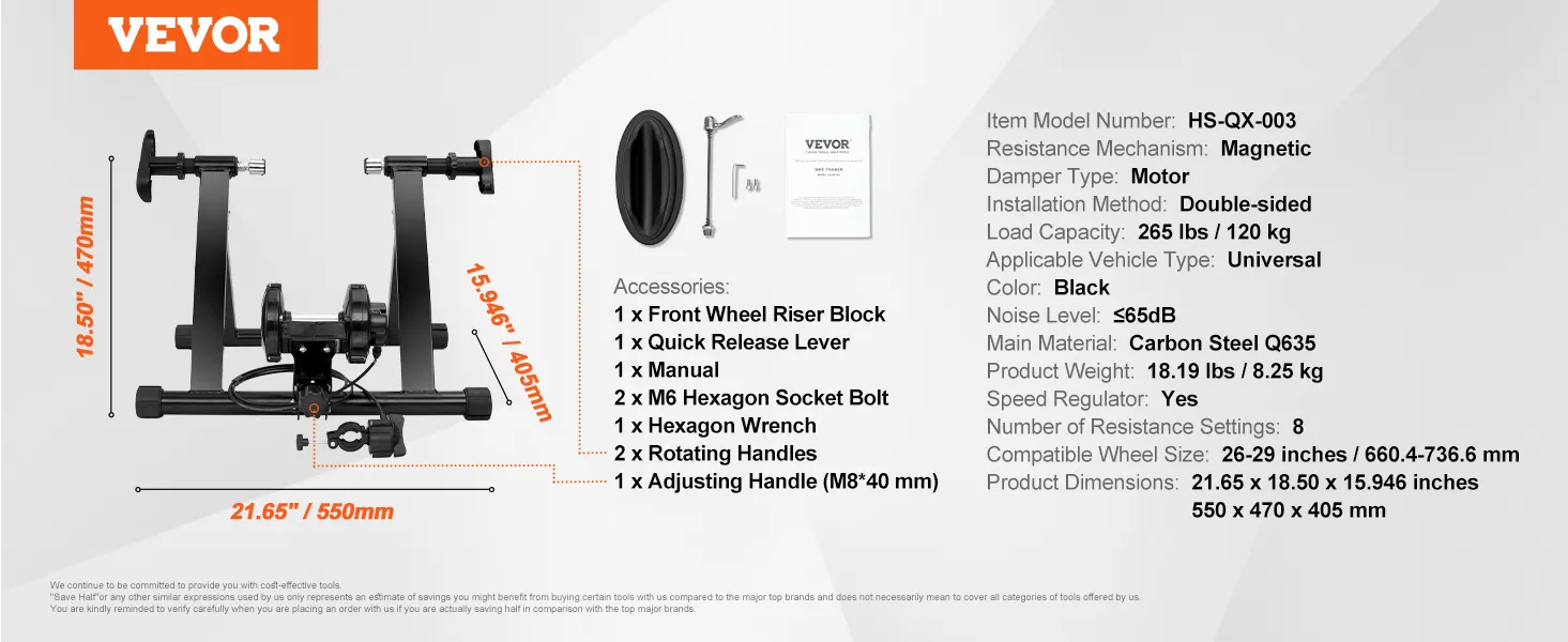 VEVOR bike trainer stand dimensions, accessory list, and key features in black text on white background.