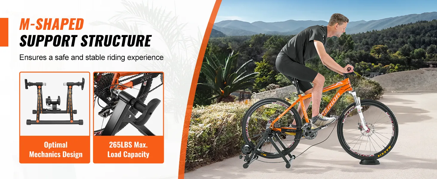 m-shaped support structure ensures stability and safety in the VEVOR bike trainer stand, 265lbs max load.