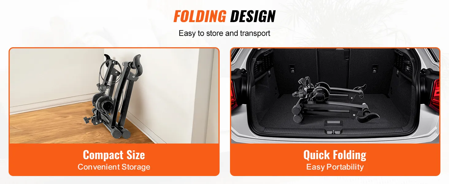 VEVOR bike trainer stand with folding design for easy storage and portability in car trunk.