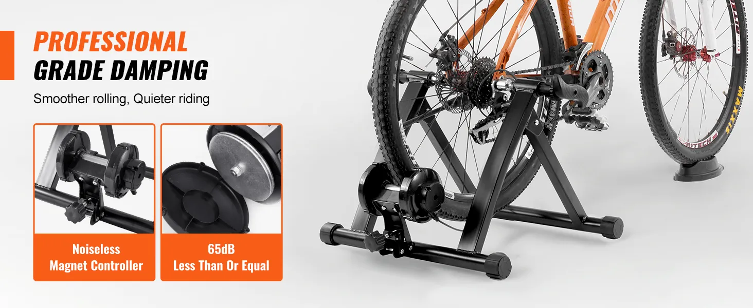 VEVOR bike trainer stand with noiseless magnet controller and damping, ensuring smoother rolling and quieter riding.