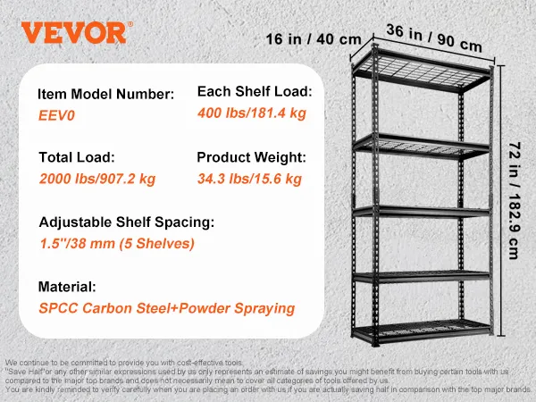 Estantes de garaje resistentes VEVOR con espaciado ajustable, carga total de 2000 libras y herramientas de montaje incluidas.