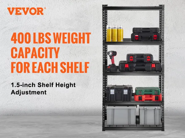 Estantes de garaje resistentes VEVOR con capacidad de 400 libras por estante, con altura ajustable.