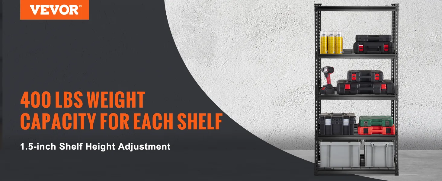 Estantes de garaje resistentes VEVOR con capacidad de 400 libras por estante, con altura ajustable.