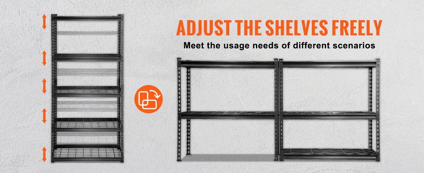 Estantes de garaje resistentes VEVOR con alturas ajustables para diversas necesidades de almacenamiento.