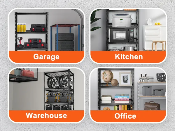 Estantes de garaje resistentes VEVOR en configuraciones de garaje, cocina, almacén y oficina. Solución de almacenamiento versátil.