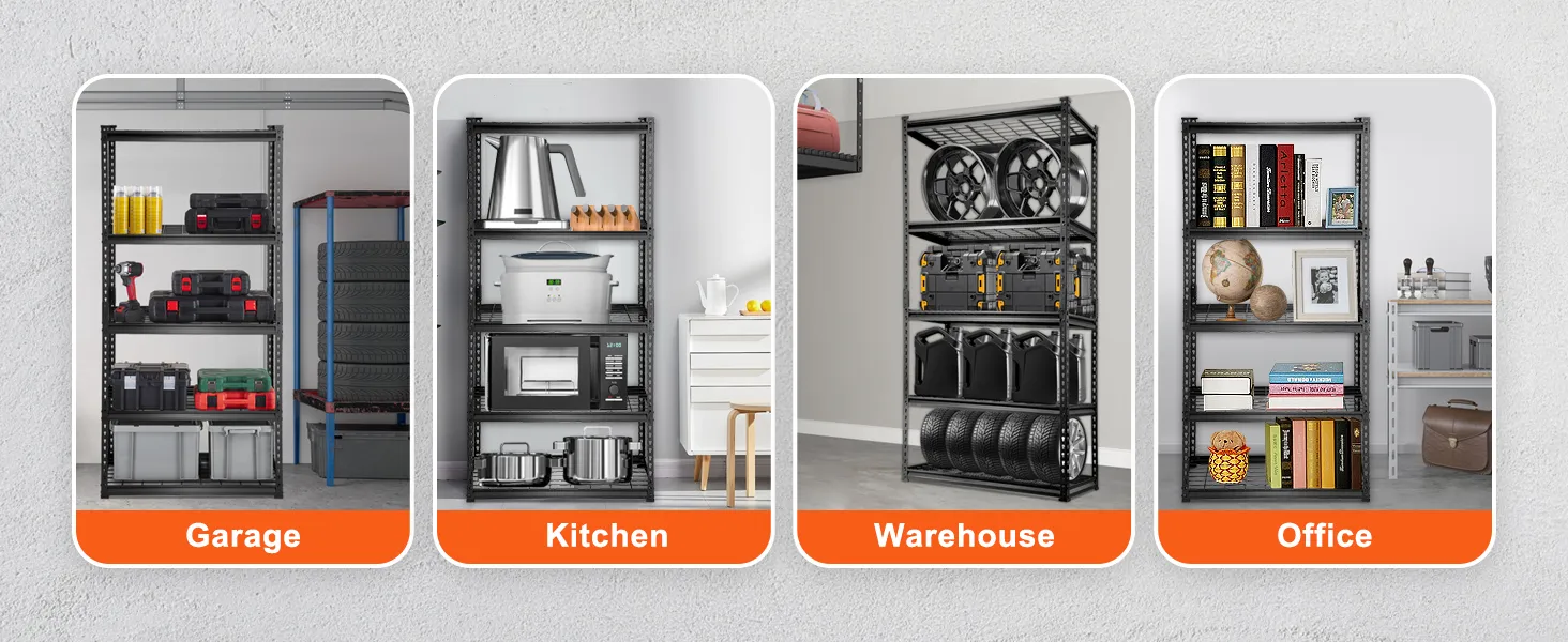 Estantes de garaje resistentes VEVOR en configuraciones de garaje, cocina, almacén y oficina. Solución de almacenamiento versátil.