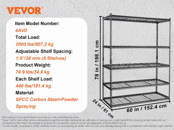 VEVOR storage shelving unit with adjustable 5 shelves, 400 lbs load per shelf, spcc carbon steel.