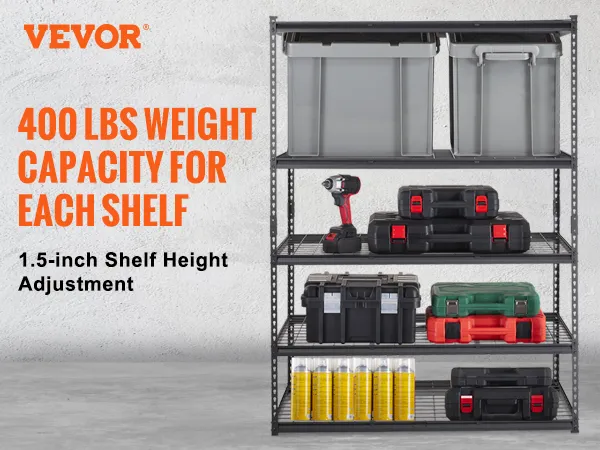 VEVOR storage shelving unit with plastic bins, tools, and various items, showcasing 400 lbs capacity per shelf.