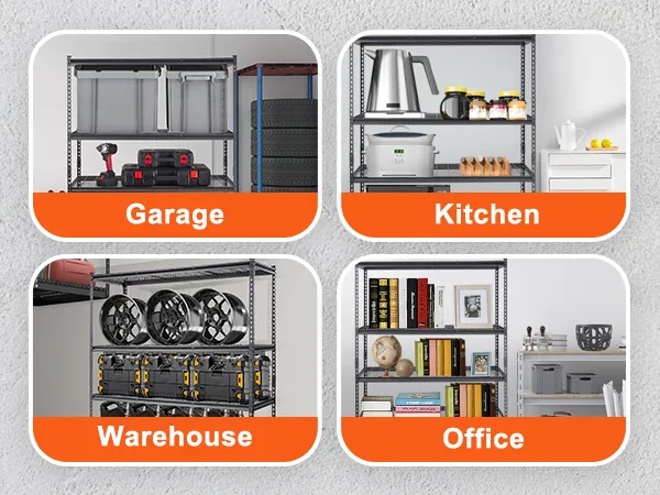 VEVOR storage shelving unit in garage, kitchen, warehouse, and office settings.