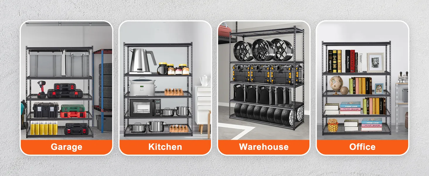 VEVOR storage shelving unit in garage, kitchen, warehouse, and office settings.
