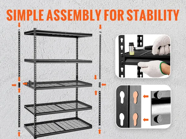 VEVOR storage shelving unit with simple assembly, no drilling or bolts needed for stability.