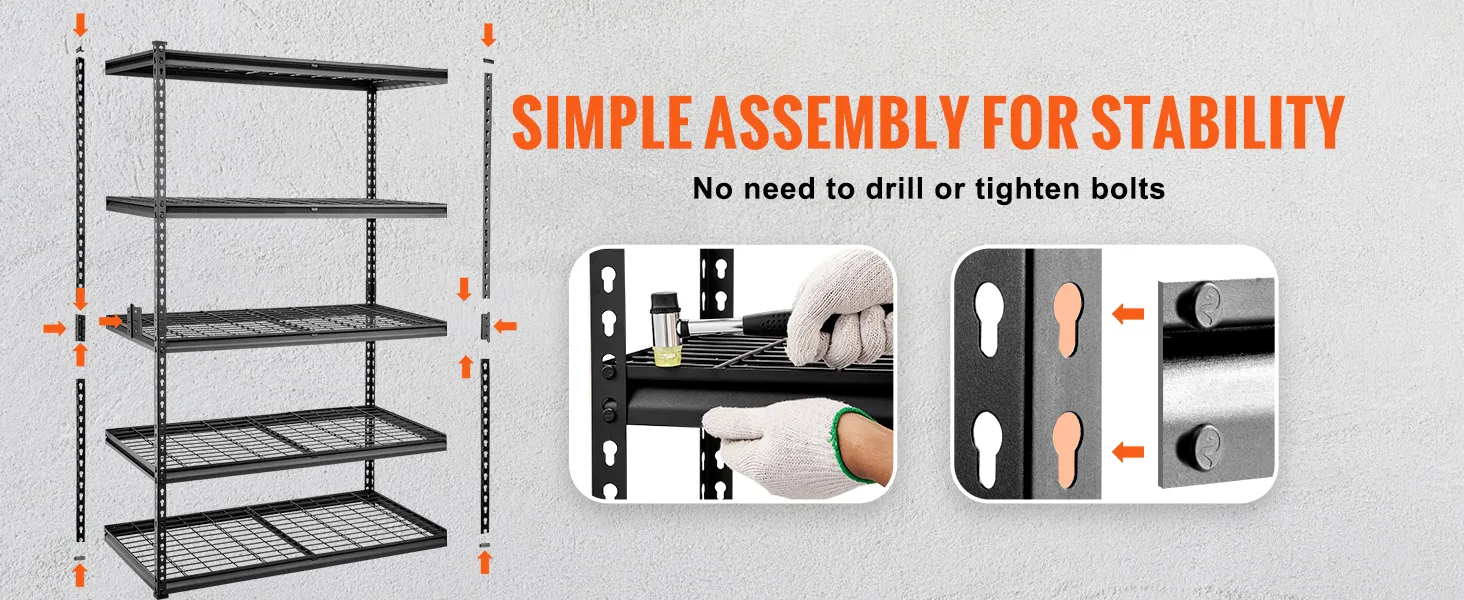 VEVOR storage shelving unit with simple assembly, no drilling or bolts needed for stability.