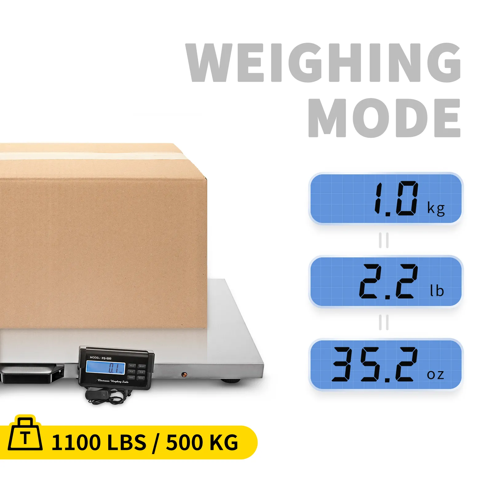 Báscula para ganado VEVOR que muestra una capacidad de 1100 lb/500 kg con pantalla digital y caja de cartón.