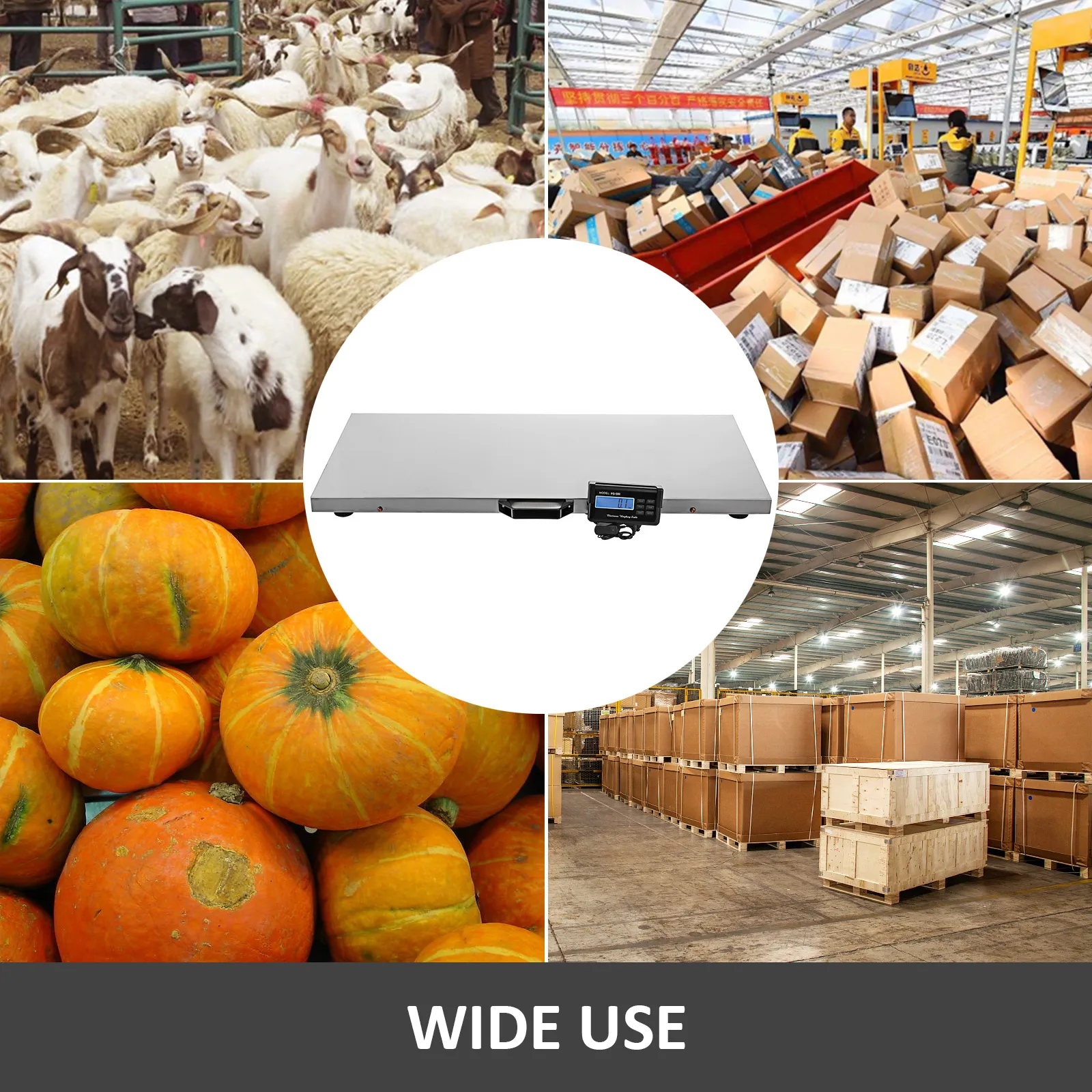 Báscula para ganado VEVOR con imágenes de ganado, calabazas, paquetes y uso de almacén.